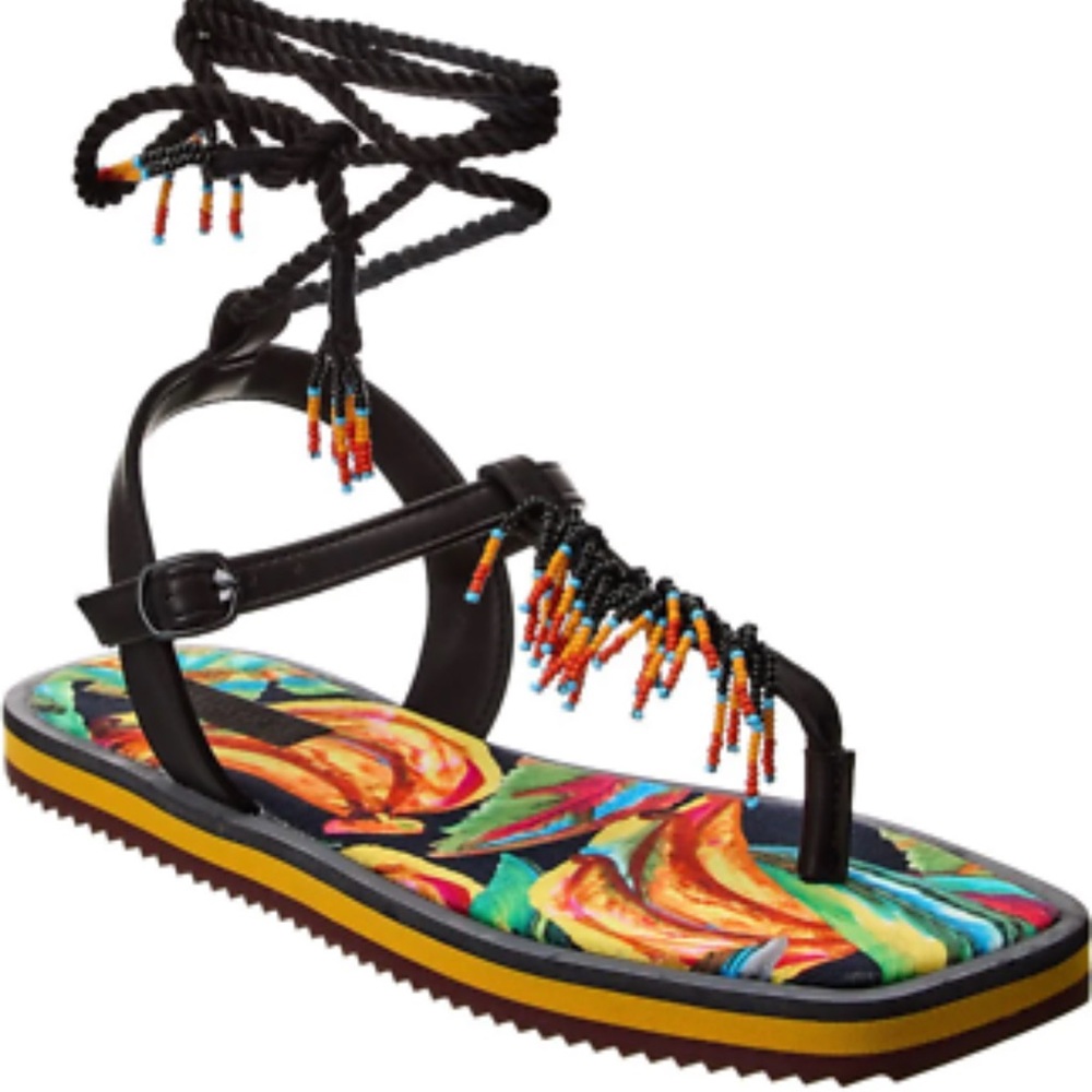 FARM Rio Vibrant Banana Beaded Flat Sandals, Brand New